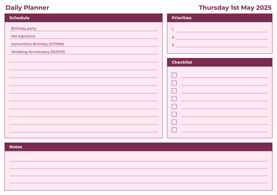 Daily planner preview in pink