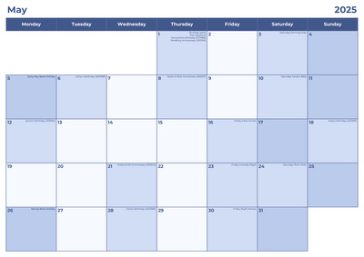 Monthly calendar preview in blue