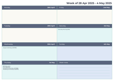 Weekly calendar preview in pastel colours